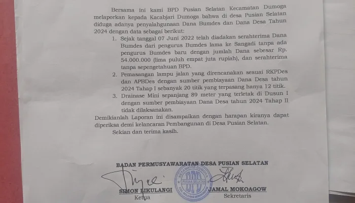 Dugaan Penyalagunaan Dana Desa Ketua BPD Resmi Laporkan Sanggadi Pusian Selatan ke Capjari Dumoga